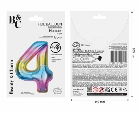 Balon Foliowy Na Urodziny Rocznicę Dekoracja Cyfra 4 Tęczowa 85 cm Na Hel