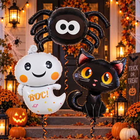 Balony Foliowe Na Halloween Imprezę Zestaw 3 szt. Duszek Pająk Czarny Kot