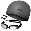 Zestaw Czarno-Szare Okularki Anti-Fog i UV + Szary Czepek Pływacki NILS