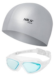 NILS Zestaw Białe Okularki Anti-Fog i UV + Szary Czepek Pływacki