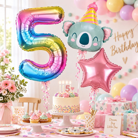 Balony Foliowe Na 5 Urodziny Koala Z Czapeczką + Gwiazda + Cyfra 3 szt.
