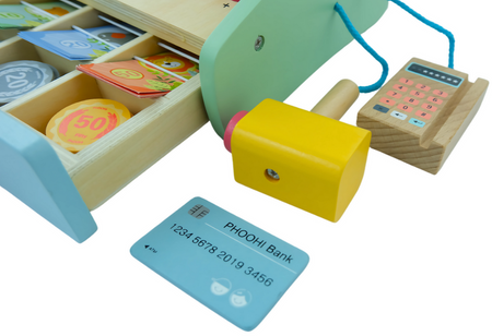 MERKAN Drewniana Kasa Fiskalna Sklepowa Dla Dzieci Zabawka Edukacyjna + Akcesoria