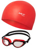 NILS Zestaw Czarno-Czerwone Okularki + Czerwony Czepek Pływacki