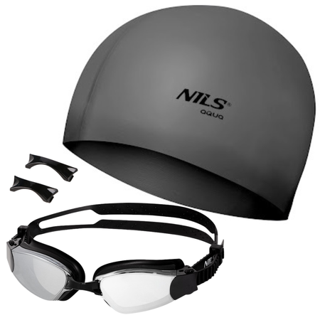 Zestaw Czarno-Szare Okularki Anti-Fog i UV + Szary Czepek Pływacki NILS