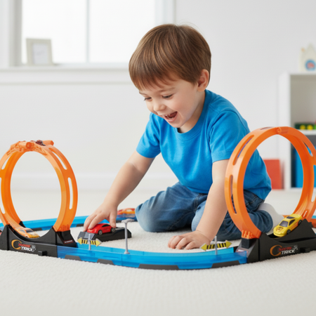 Tor Wyścigowy Samochodowy Pull Back Dla Dzieci 275 cm + 2 Samochody