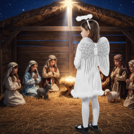 Skrzydła Anioła Z Brokatem + Aureola Przebranie Na Jasełka Bal Świętych