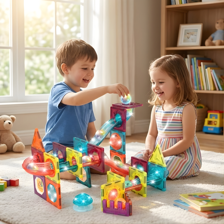 Klocki Magnetyczne Konstrukcyjne Świecący Tor Zestaw Dla Dzieci 65 el.