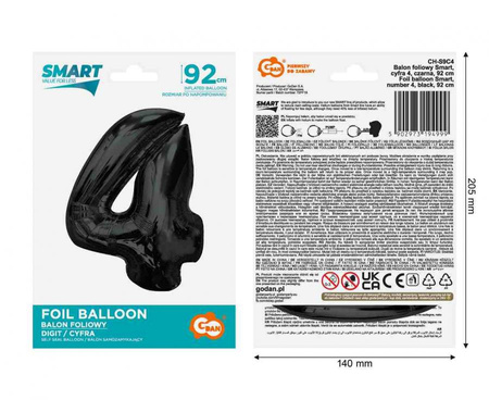 Balon Foliowy Dekoracja Na Urodziny Rocznice Jubileusze Cyfra 4 GODAN 92 cm