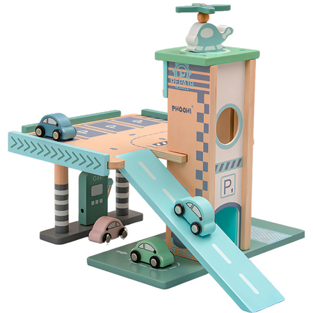 Drewniany Parking Piętrowy Garaż Z Windą i Stacją + Samochodziki Merkan