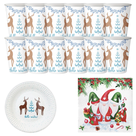 Zastawa Stołowa 12xKubeczki + 12xTalerzyki Na Święta Renifer + 20 Serwetek	