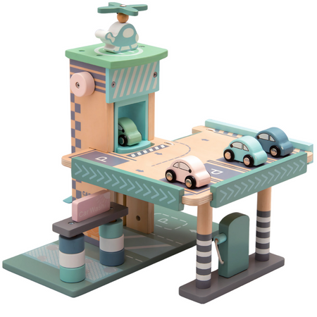 Drewniany Parking Piętrowy Garaż Z Windą i Stacją + Samochodziki Merkan