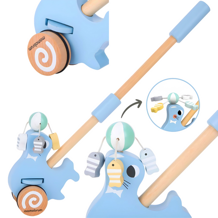 Drewniana Foka Z Kijem Do Pchania Pchacz Do Nauki Chodzenia Dla Dziecka