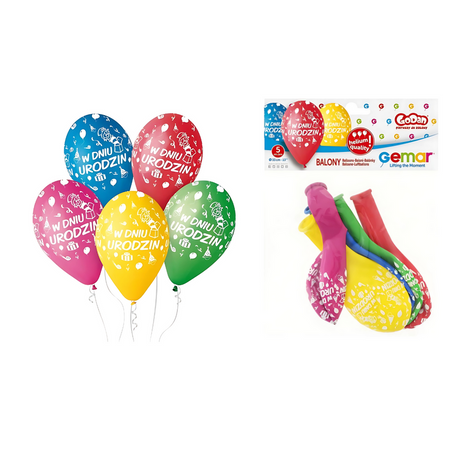 GEMAR Kolorowe Balony Dekoracyjne Urodzinowe Z Nadrukiem 33 cm - 5 szt.